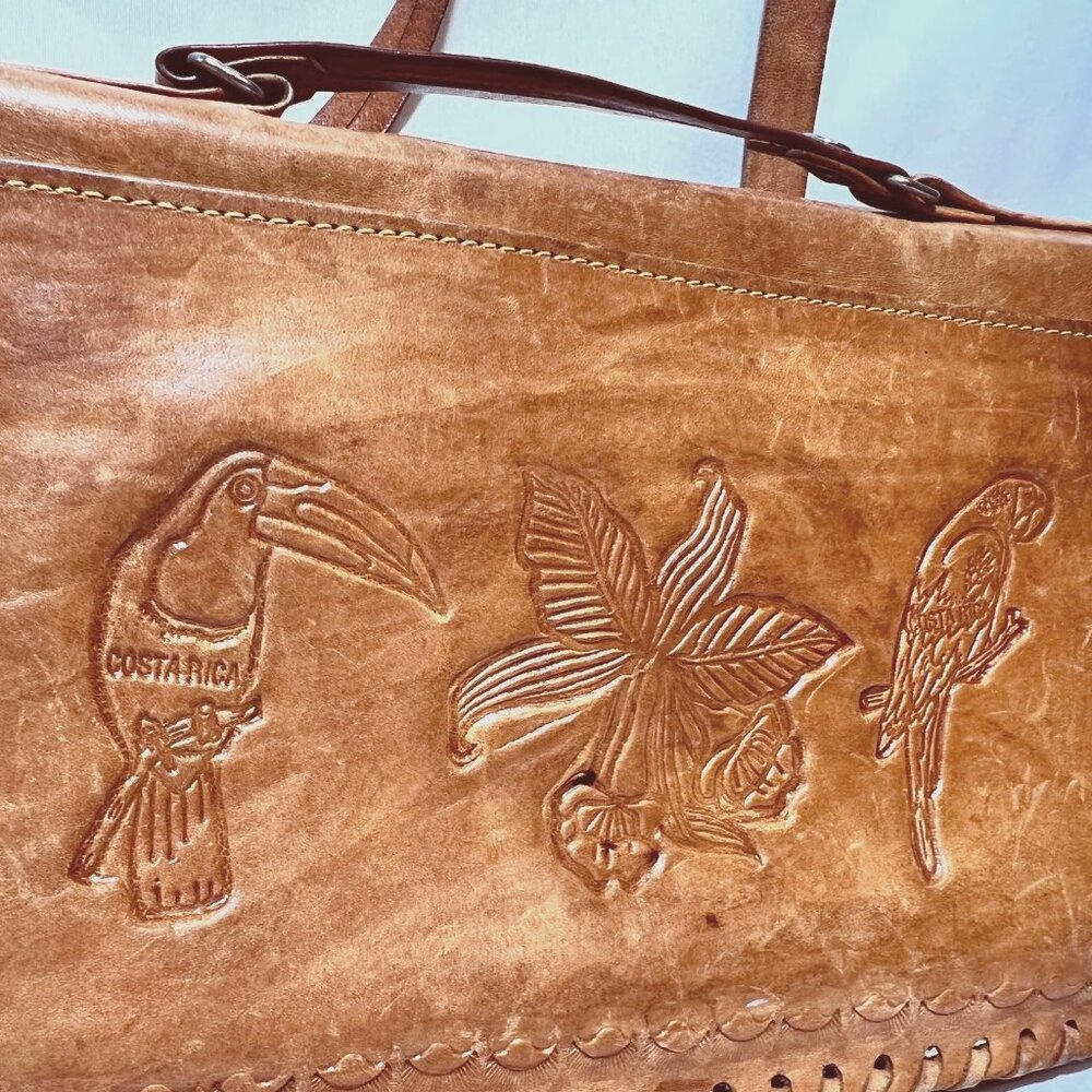 Costa Rica Leather Vintage Shoulder/Crossbody Bag-Removable Strap-Camel/Tan-Rose - Picture 11 of 15
